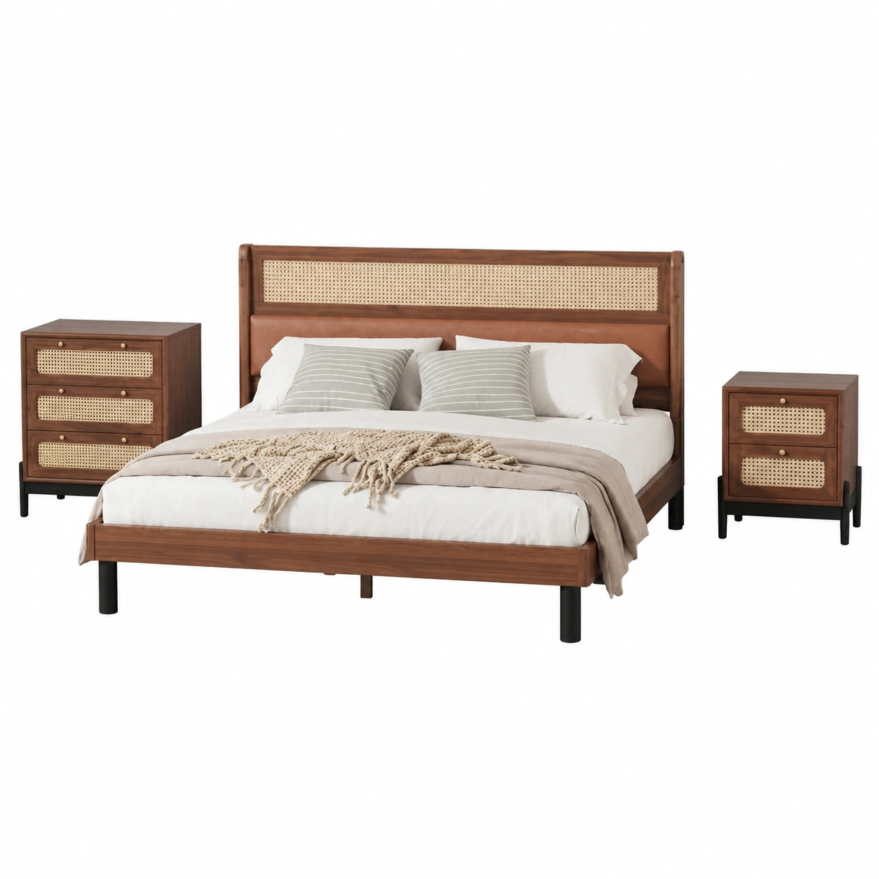Modernes Schlafzimmer-Set: Rattan-Doppelbett 160x200cm, Nachttisch & Kommode mit Schubladen, inklusive Matratzen