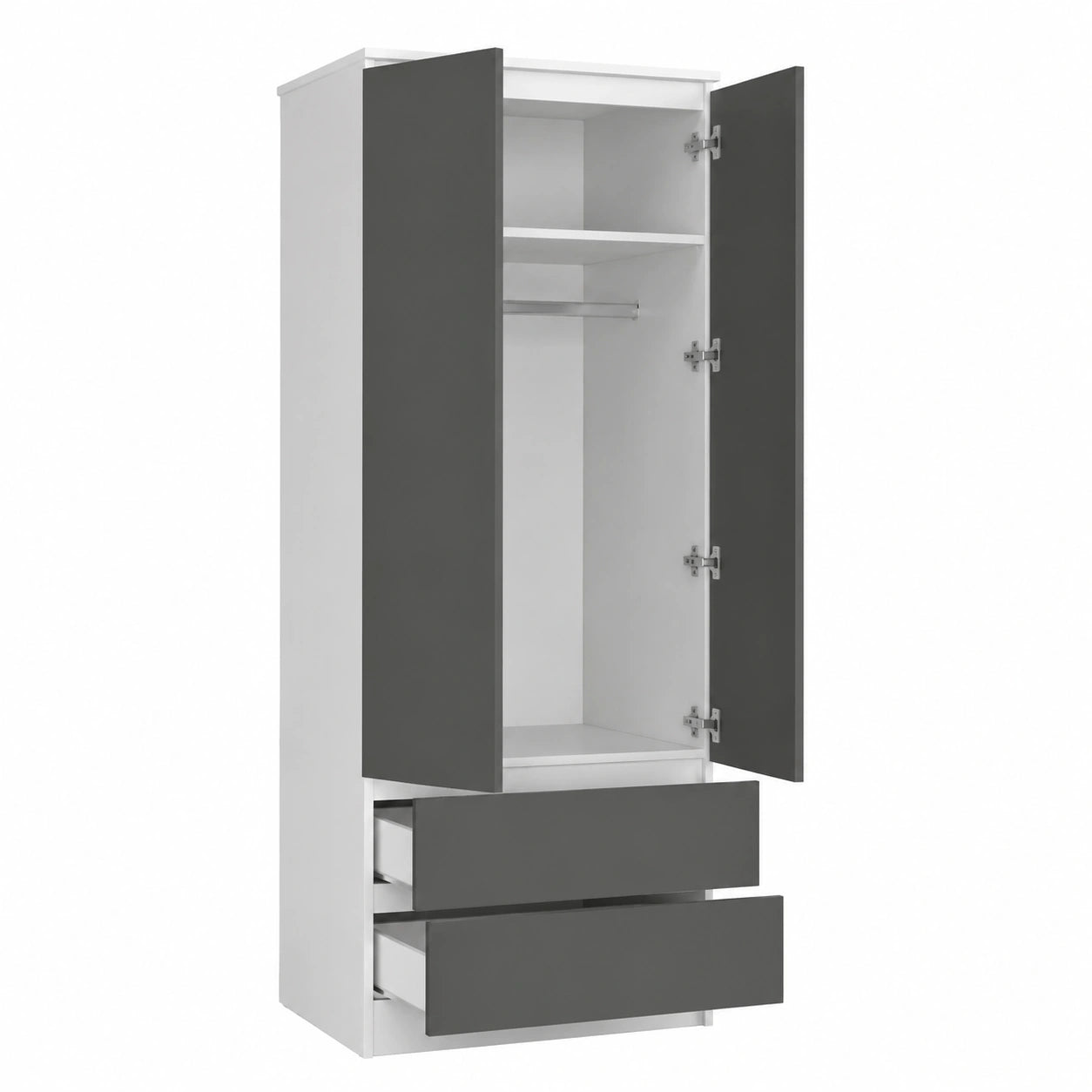 Moderner 2-türiger Kleiderschrank mit Schubladen, Weiß-Grau, 180x60x51 cm