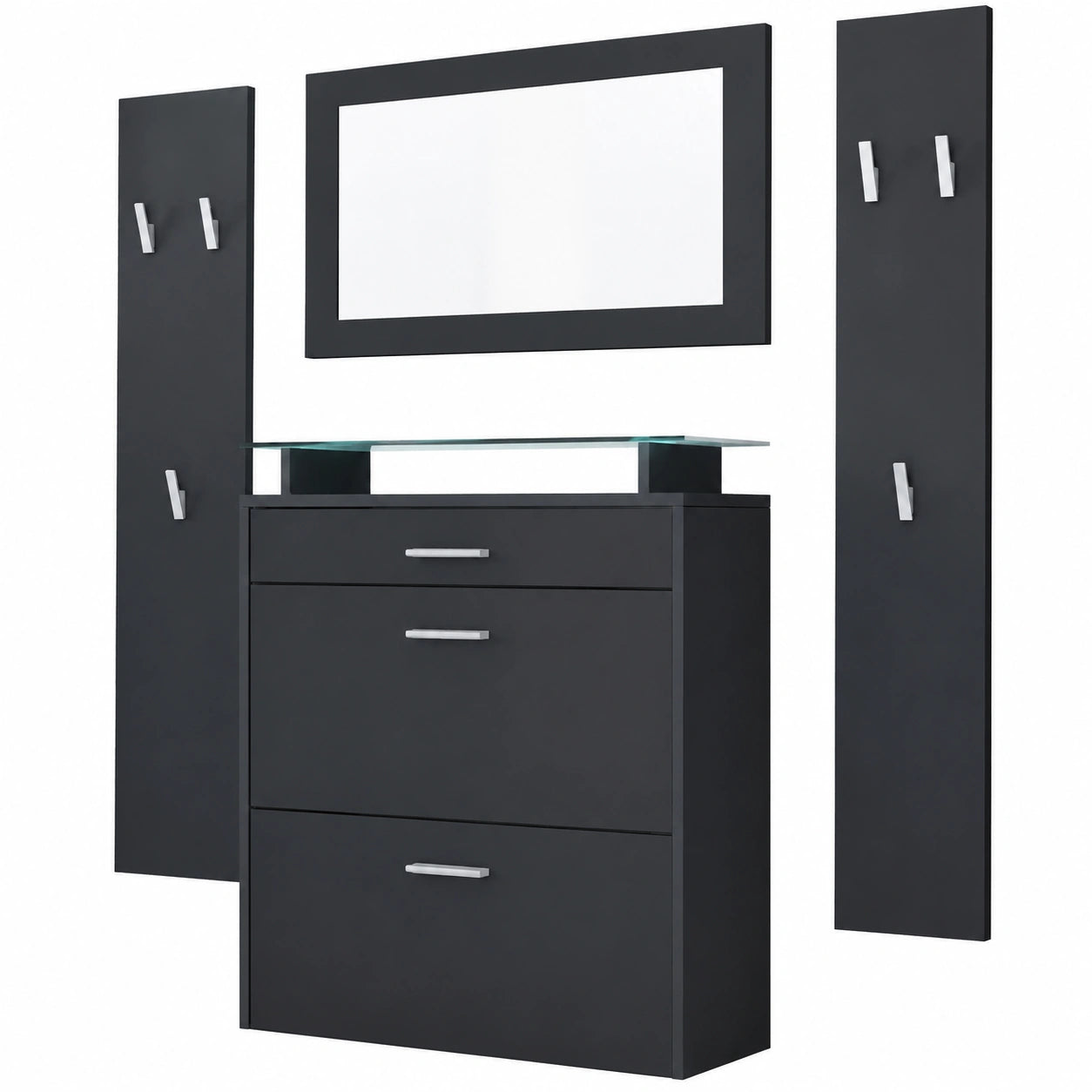 Vladon Malea Garderoben-Set mit Schuhschrank, Wandspiegel & Paneelen, Anthrazit/Schwarz, LED-Beleuchtung