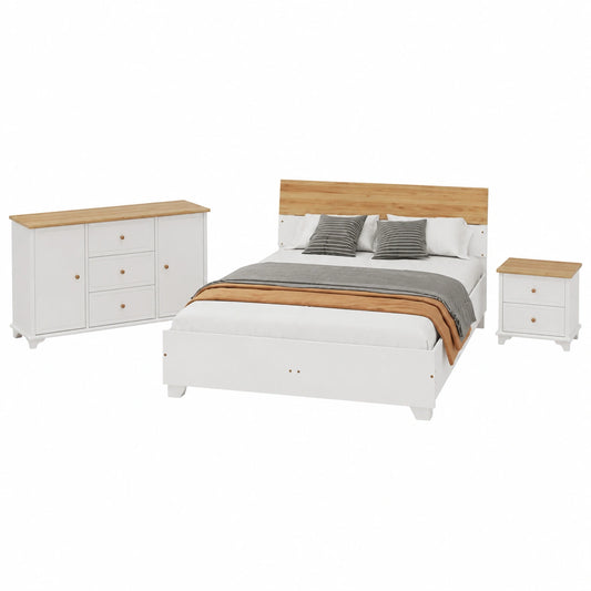 Modernes Schlafzimmer Set, Doppelbett 160x200 cm, Nachttisch und Kommode, Weiß-Natur