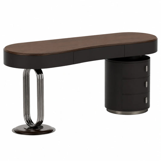 Ergonomischer Bürotisch aus Walnussholz mit Schubladen und USB-Anschluss, gebogene Arbeitsfläche, robuste Metallbeine – elegantes Büromöbel für Effizienz und Komfort