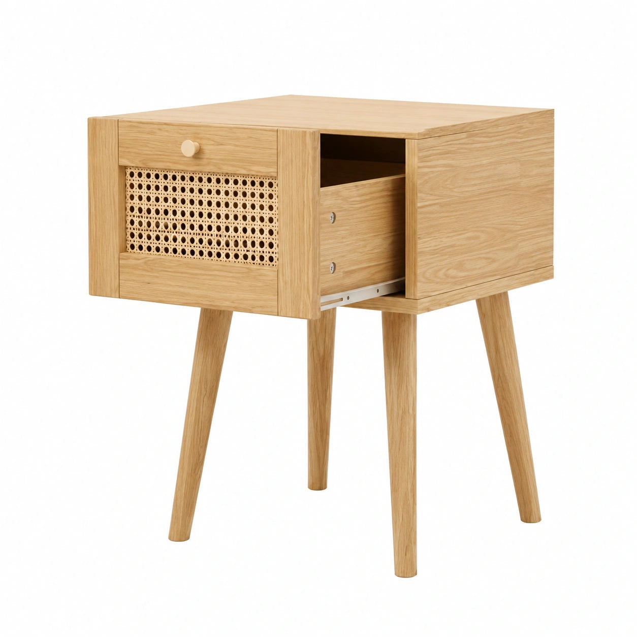 Modernes Schlafzimmerset mit Rattanbett, 4-teilig, inklusive Nachttisch, Kommode und Kleiderschrank, Doppelbett 160x200 cm, Kieferholz und PE-Rattan, natürliche Optik
