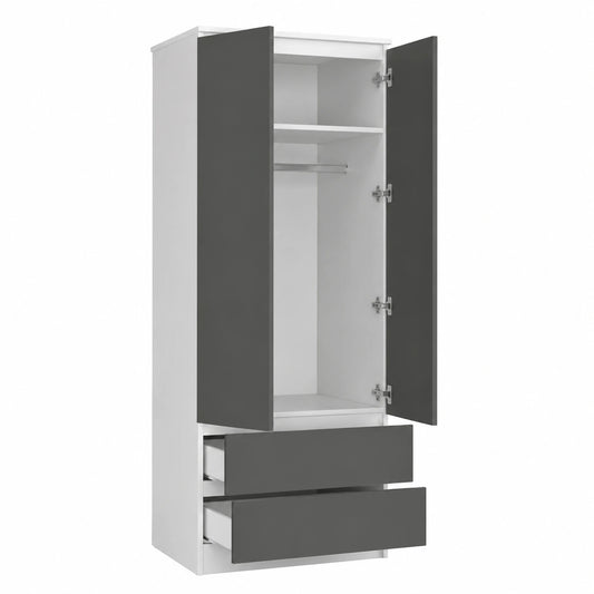 Moderner 2-türiger Kleiderschrank mit Schubladen, Weiß-Grau, 180x60x51 cm