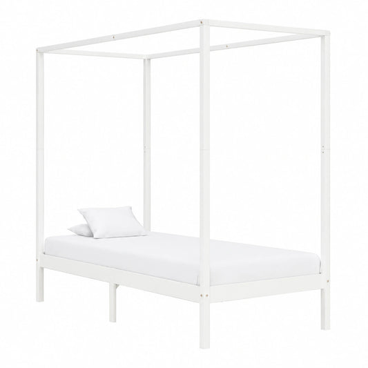 Homgoday Himmelbett aus Massivholz Kiefer, Weiß, 100x200 cm, modernes Doppelbett mit Lattenrost