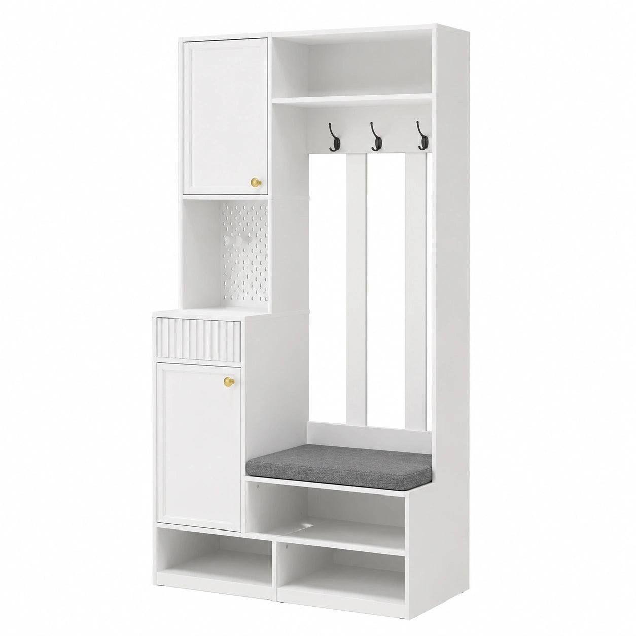 Multifunktionale Flurgarderobe mit Sitzbank & Schubladen, 6-teilig - Weiß, 100x35x180 cm, inkl. Haken, Lochwand & Kippschutz