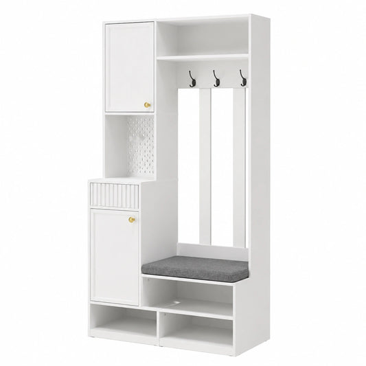 Multifunktionale Flurgarderobe mit Sitzbank & Schubladen, 6-teilig - Weiß, 100x35x180 cm, inkl. Haken, Lochwand & Kippschutz