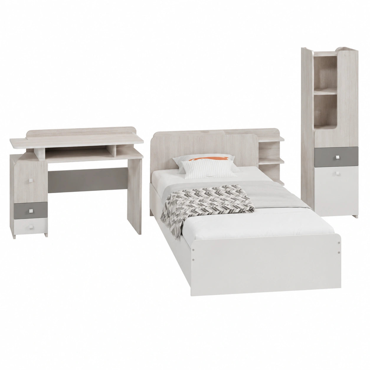 Modernes Jugendzimmer Set mit Einzelbett, Schreibtisch und Regal, Weiß und Ulme, 90x200cm