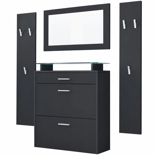 Vladon Malea Garderoben-Set mit Schuhschrank, Wandspiegel & Paneelen, Anthrazit/Schwarz, LED-Beleuchtung