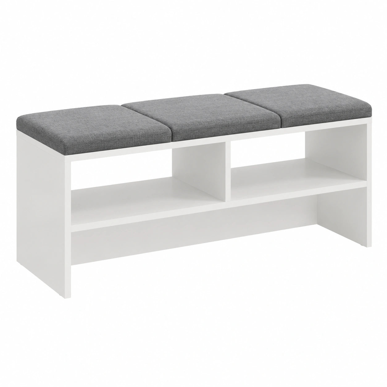 Schuhbank mit Velours-Sitzfläche, 109x44 cm, Polsterung, 3 offene Fächer, Weiß/Grau