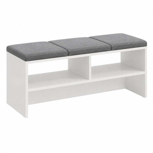 Schuhbank mit Velours-Sitzfläche, 109x44 cm, Polsterung, 3 offene Fächer, Weiß/Grau
