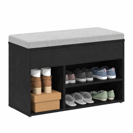 Moderne Schuhbank aus Holzwerkstoff in Schwarz und Eichenoptik, 80x30x45cm, Praktische Aufbewahrungslösung für den Flur