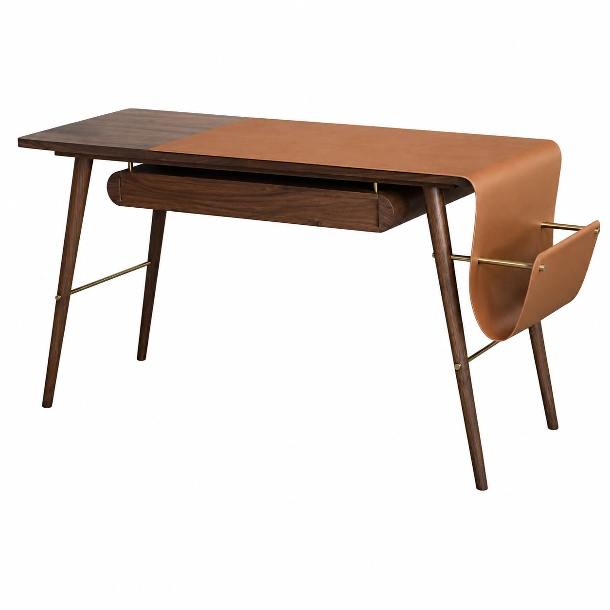 Moderner Walnuss-Büroschreibtisch mit Schubladen und Dokumentenhalter, stabile Konstruktion, stilvolle Lederausstattung, ideal für Homeoffice