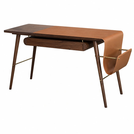 Moderner Walnuss-Büroschreibtisch mit Schubladen und Dokumentenhalter, stabile Konstruktion, stilvolle Lederausstattung, ideal für Homeoffice
